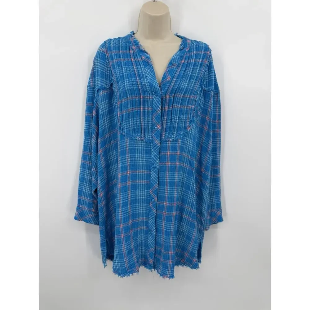 Free People Intimately Blue Plaid Long Sleeve PJ Top/Night Shirt Dress Large - Picture 1 of 12